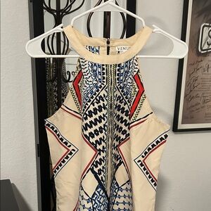 VENUS Cream Halter Dress with Navy & Red Geometric Print